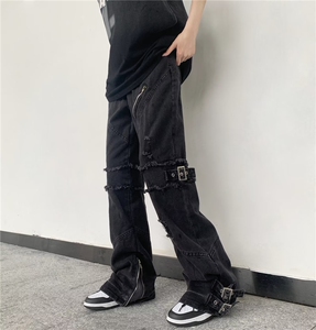美式复古绑带裤脚拉链牛仔裤男女高街潮牌直筒宽松阔BK50-P83图片