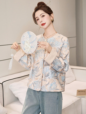 蓝色国风新中式刺绣圆领外套女装2025新款早春气质百搭显瘦上衣，女装短外套，天丝秀