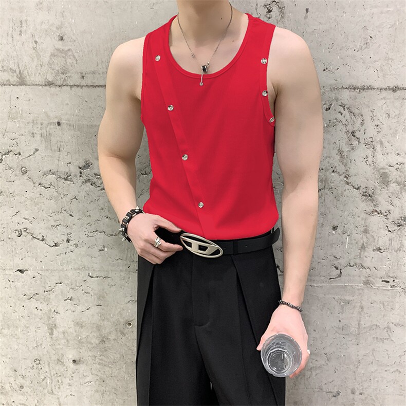 夏装小众纯棉坑条大码背心性感不规则排扣无袖T恤男女肌理感上衣,男装背心/马甲,星座909