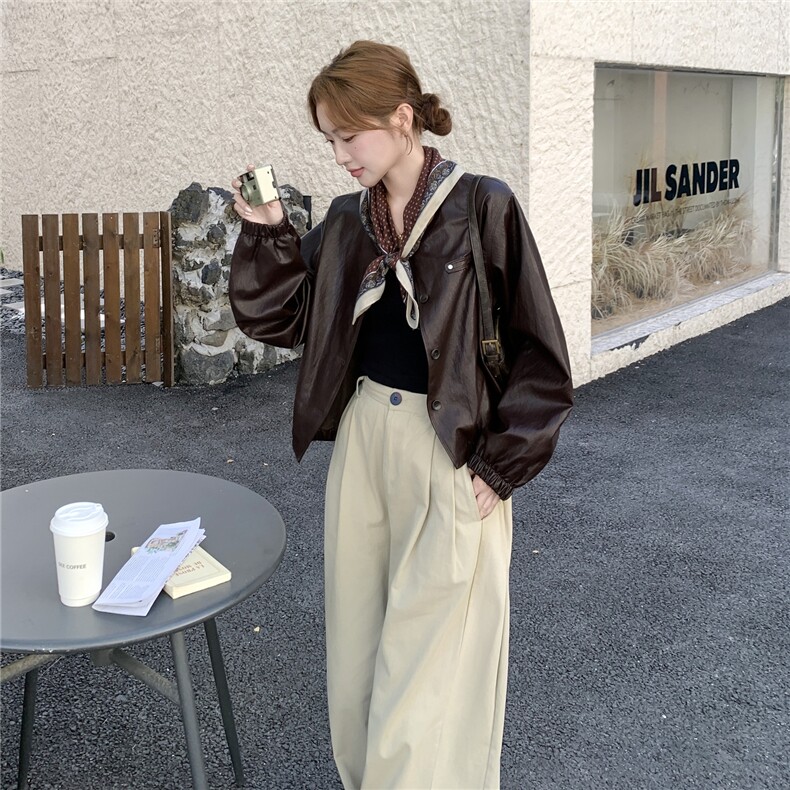棕色复古美拉德短款皮衣外套女2025秋小个子又酷又飒圆领PU皮夹克图片