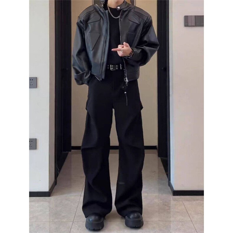 黑色褶皱伞兵工装裤男款微喇cleanfit裤子设计感垂坠感高级感西裤,男装西裤,星座310A-4