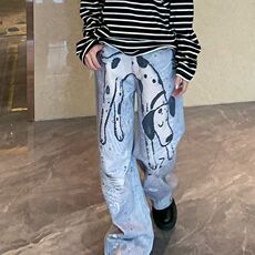 网红款美式高街斑点狗打印牛仔裤p50Y9191，男装牛仔裤，星座1112-1