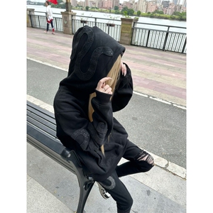 WY01CC-特P68 黑蛇碎石绣花卫衣男女高街情侣帽衫图片