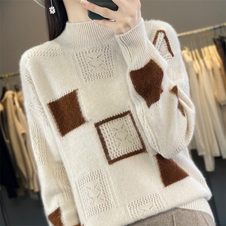 2024秋冬季新款半高领拼色几何图形宽松外穿女短款羊毛衫,女装羊毛衫,迅太羊绒