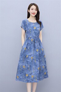 2023夏季新款简约时尚气质圆领复古盘扣设计修身显瘦连衣裙图片