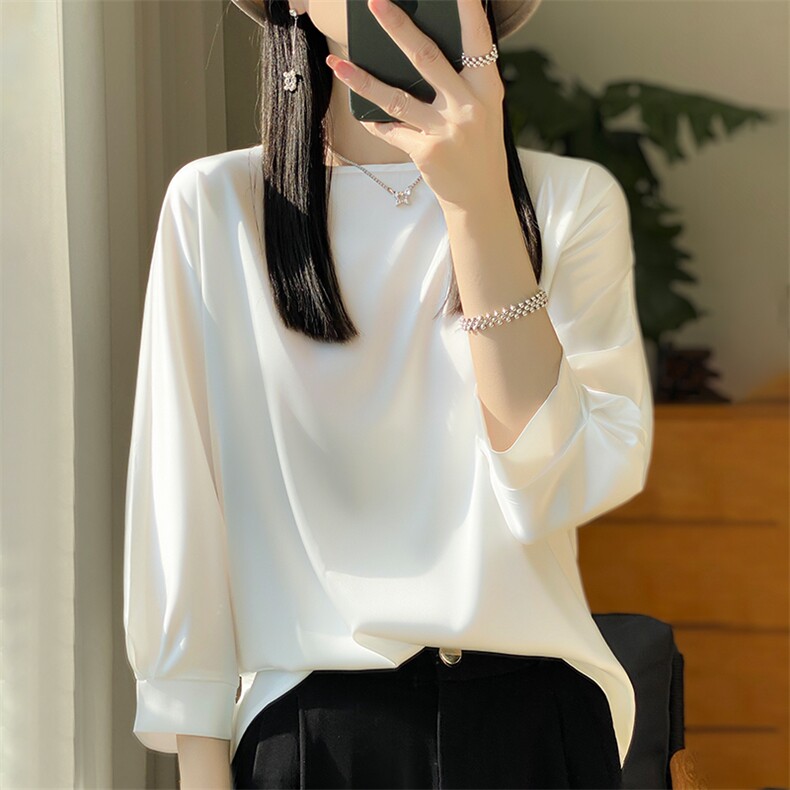 七分袖圆领纯色2024年秋季套头简约衬衫,女装衬衫,绒宛羊绒