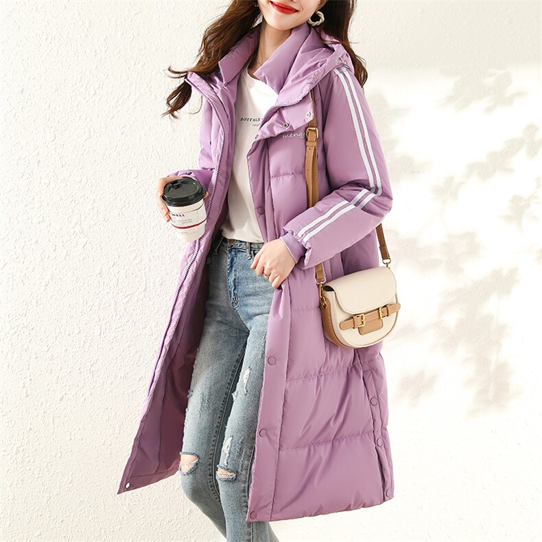 【现货】紫色中长款加厚羽绒服女撞色条纹边直筒，女装羽绒服，梦懿尔