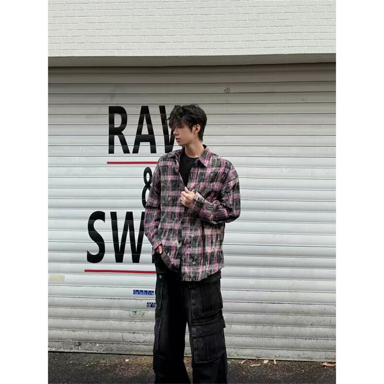 网图现货美式高街做旧紫格子长袖衬衫扎染衬衣外套男女C18-P50，男装衬衫，星座1505