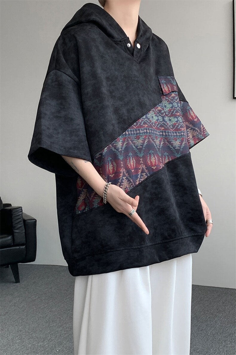 DX10127-特批40控78撞色拼接百搭宽松连帽短袖大码T恤,男装T恤,电商A059