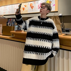 新款流行时尚黑白条纹毛衣女秋季2025宽松显瘦百搭打底针织上衣潮，男装T恤，星座506A