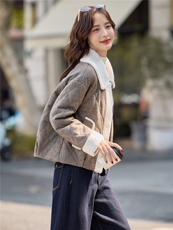 9106时尚温暖娃娃翻领呢料夹棉外套（含羊毛），女装棉衣/棉服，依路服饰