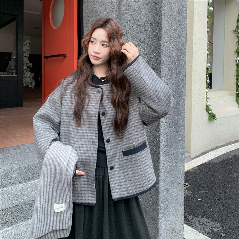 【新款】小香风格子毛呢羽绒外套+围巾2C327-9933P285控398,女装羽绒服,2C327