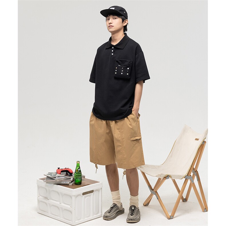 南夏乔装2025夏款纯色口袋装饰翻领POLO衫日系复古纽扣装饰短袖男,男装T恤,电商S006（B521）