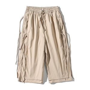 平铺2025春夏季直筒阔腿七分裤ins宽松休闲个性飘带K488/P55控69图片