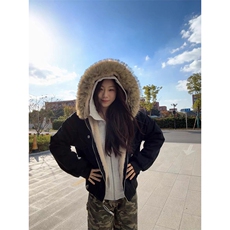 现货重磅boxy短款棉衣座山雕大毛毛领男女棉服水洗工装厚外套，男装棉衣，电商A486-1