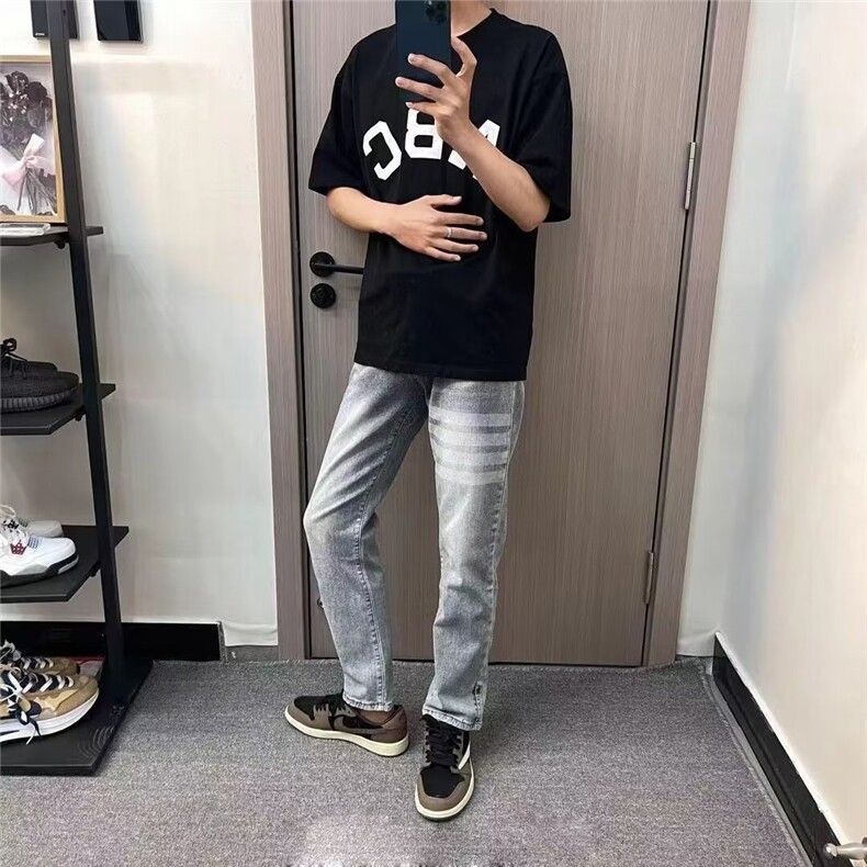 1506-1/K9991/P42潮男四道杆印花水洗牛仔裤男直筒显瘦复古牛仔裤图片