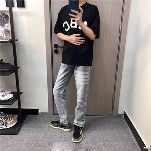 1506-1/K9991/P42潮男四道杆印花水洗牛仔裤男直筒显瘦复古牛仔裤图片