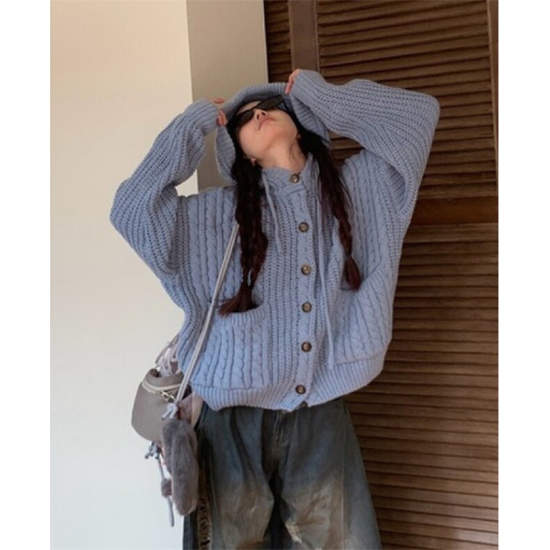 姣花纹麻花高克重连帽毛衣男女秋季慵懒针织开衫外套 MY418图片