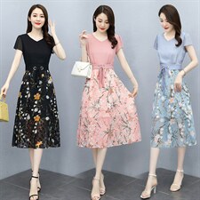 2025夏季碎花雪纺收腰假两件连衣裙女气质拼接裙子温柔长裙，女装连衣裙，牡丹诺