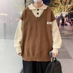 假两件polo领毛衣男冬款韩系慵懒风外套宽松学院风针织衫GM234P53图片