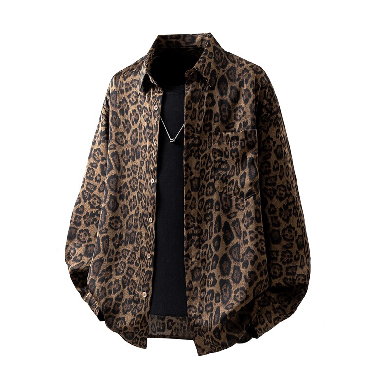 立体白底豹纹衬衫M-5XL大码聚酯纤维长袖衬衫CS78728P35控58，男装衬衫，星座227-7