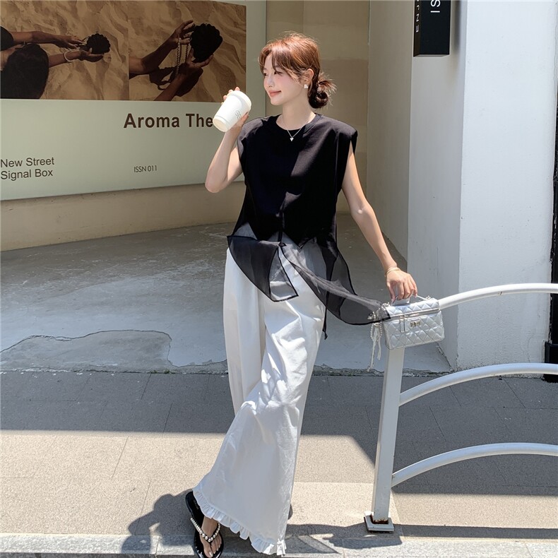 2025夏季新款时尚套装女网纱拼接无袖背心上衣高腰阔腿裤两件套潮,女装套装/套裙,浙宝069