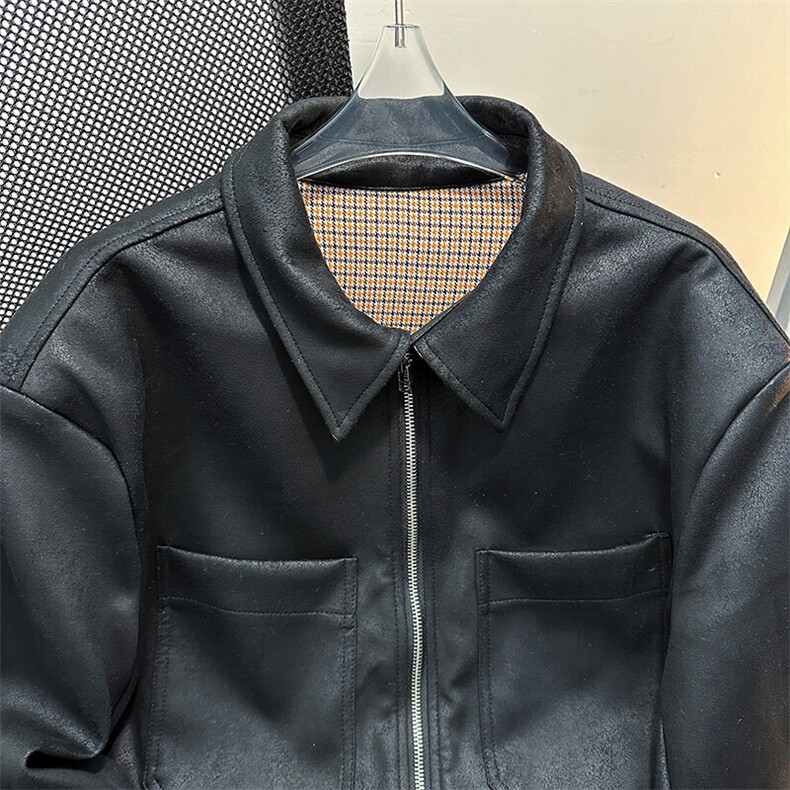 新款霜冻雪花皮拼接千鸟格翻领夹克宽松男帅气外套潮JK08563-P88,男装夹克,星座308B-1