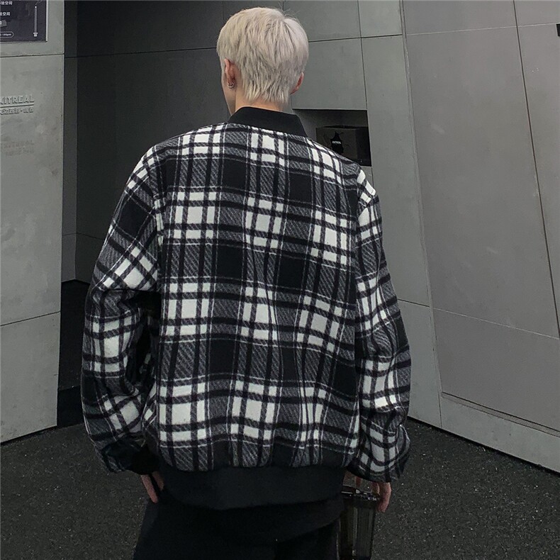 潮牌男秋冬季夹克黑白格纹立领棒球服毛尼夹克JK98-P98,男装夹克,电商C307