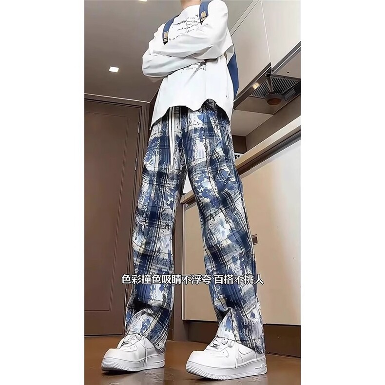 美式复古扎染格子休闲裤男阔腿裤春夏季款情侣裤子直筒长裤子,男装休闲裤,星座506A