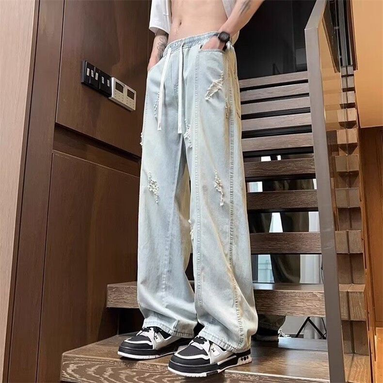 破洞牛仔裤男2025新款春秋宽松直筒阔腿痞帅美式高街vibe,男装牛仔裤,星座218-1（原230）