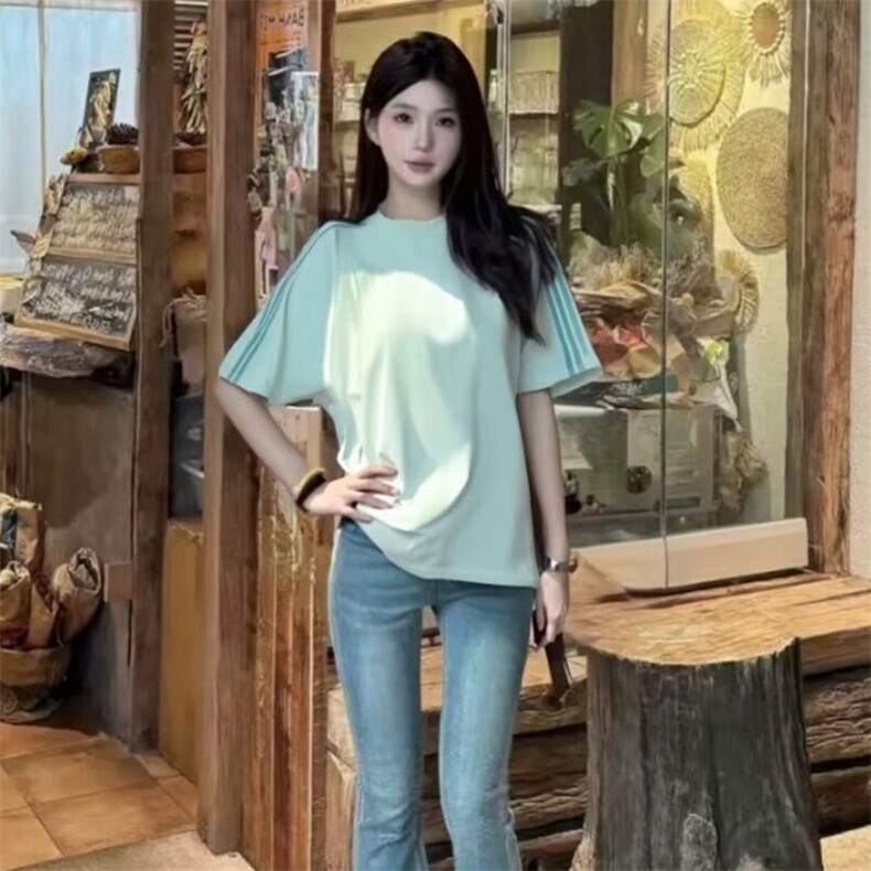 抖音得物品质二开240克宽松纯棉美式潮牌印花三条杠中性风短袖T恤,男装T恤,电商A486