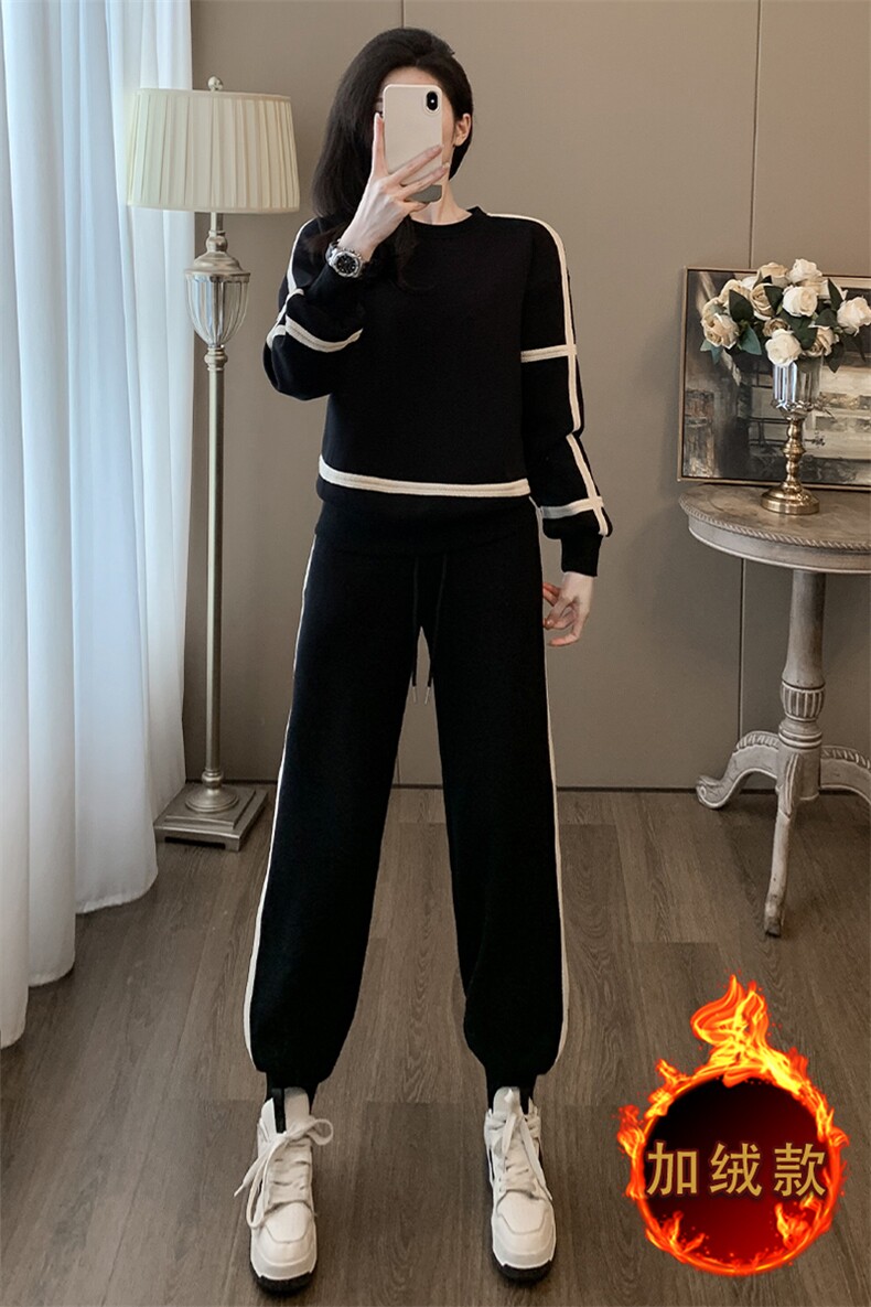 女秋冬新款宽松撞色圆领卫衣卫裤两件套,女装套装/套裙,江南