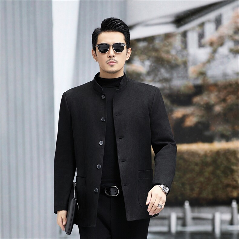 风羊羔毛加厚保暖中山装立领麂皮绒中青年男外套A23610-P155,男装棉衣,星座1105-3