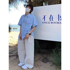 蓝色衬衫短袖男生2025新款夏季宽松百搭休闲衬衣CA150-P35，男装T恤，星座208-5