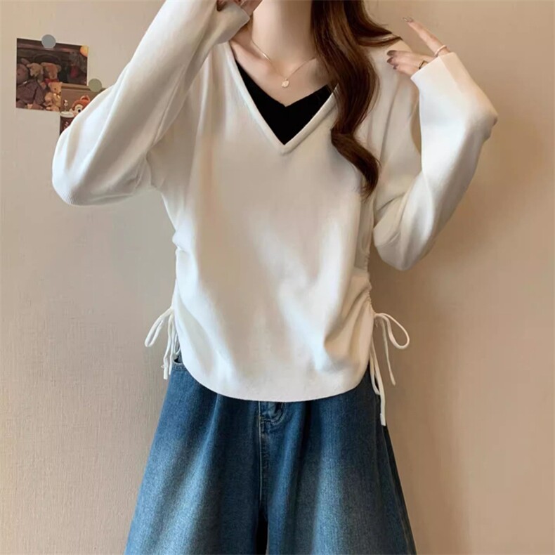 QC031-P58褶皱抽绳长袖打底针织衫毛衣上衣女假两件V领设计感,女装卫衣/绒衫,星座617A-2