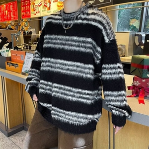 水貂绒条纹圆领毛衣男士秋冬季潮牌宽松慵懒风情侣针织衫外套7181