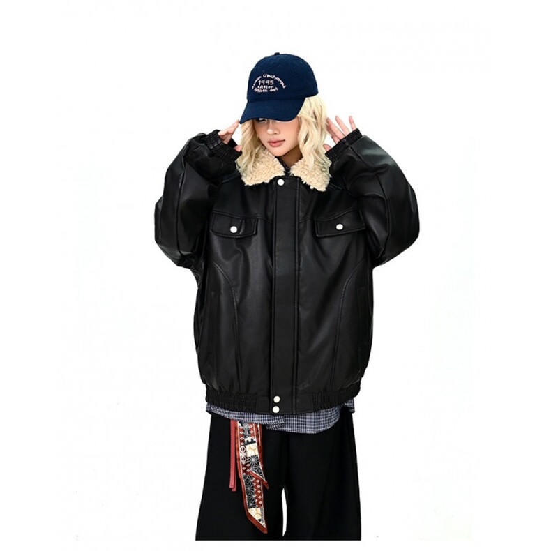 翻领毛领拼接美式复古棉服外套男女冬季新款百搭pu夹棉皮衣,男装皮衣,星座410-6（原星座1304-1）