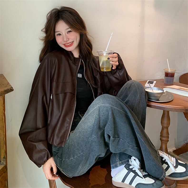 红皮衣外套女秋秋2025新款美式复古又a又飒机车服pu皮夹克,女装皮衣,纯色衣恋