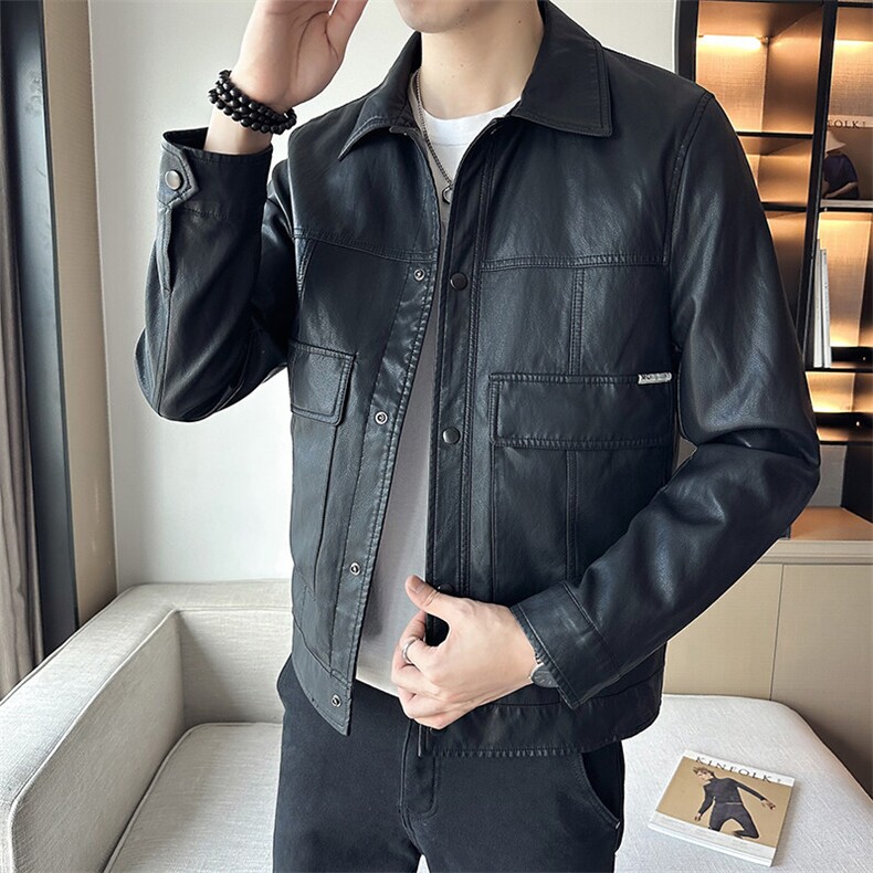 2025店主风秋季水洗皮夹克PU上衣纯色休闲时尚皮衣PY86041-P140，男装皮衣，电商A413