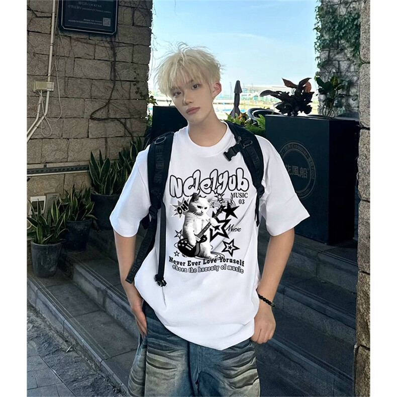 抖音得物供货210克现货宽松纯棉美式潮牌印花落肩袖纯棉T恤AT2142图片