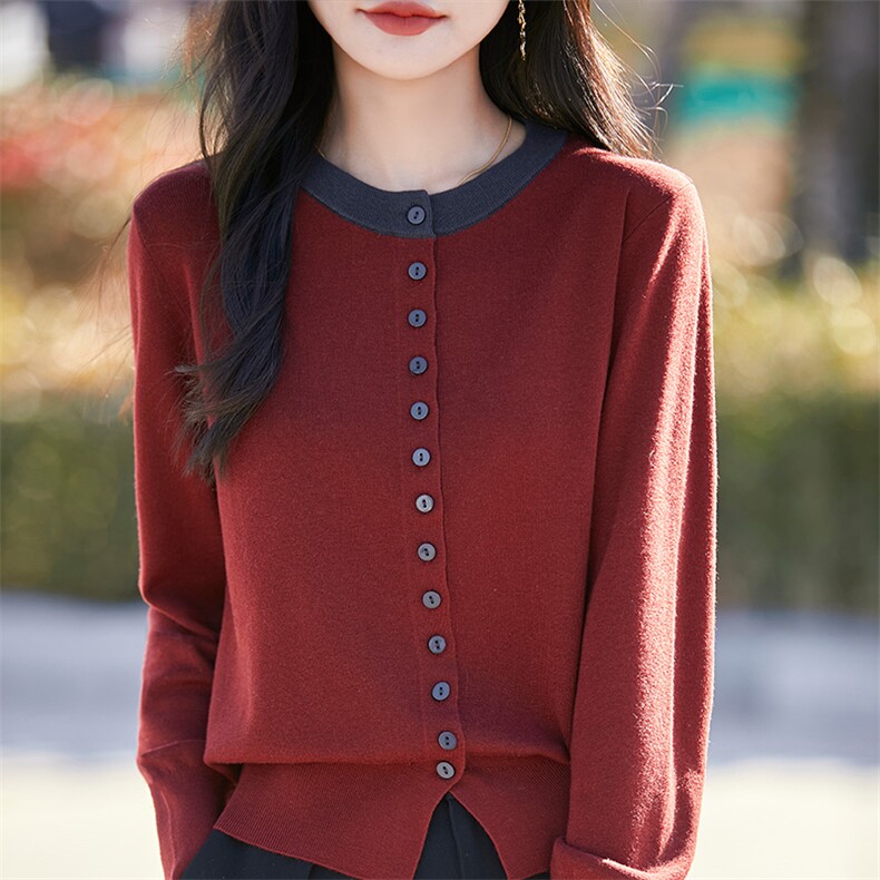 时尚撞色针织开衫外套女2025新款春秋款外穿短款女装秋冬毛衣,针织衫/毛衣,暖圣羊羊绒