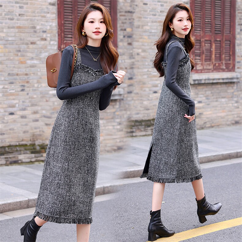 秋冬连衣裙女2024新款高级感气质小香风美拉德收腰打底吊带裙套装，女装套装/套裙，煊芮熙