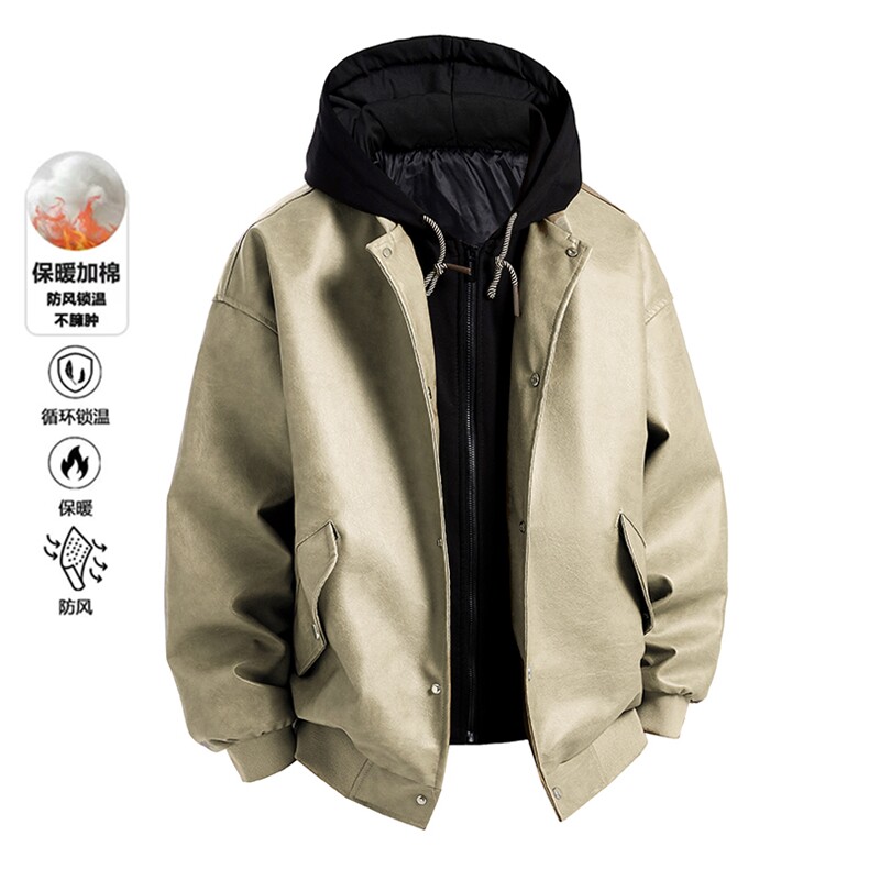 A178-2503JM-P85 加棉美式PU皮拼接假两件连帽皮衣男痞帅机车夹克图片