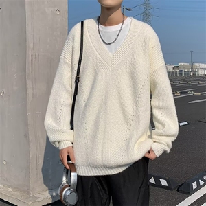 日系慵懒风V领套头针织衫男秋冬季复古纯色宽松休闲毛线衣7358图片