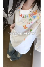 卡通涂鸦印花正肩短袖男夏季小众设计感潮牌痞帅纯棉半袖t恤上衣，男装T恤，电商A102
