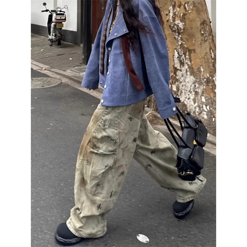 美式复古废土风做旧低裆设计感拼接弯刀牛仔裤潮牌宽松阔腿长裤,男装牛仔裤,星座601-1