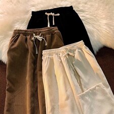 美式复古灯芯绒直筒裤宽松休闲阔腿运动条抽绳拖地裤E30P32图片