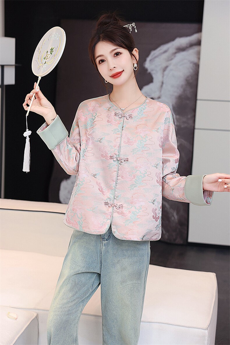 闺舍新中式风外套女装2025春秋新款小个子提花复古盘扣唐装上衣,女装短外套,天丽