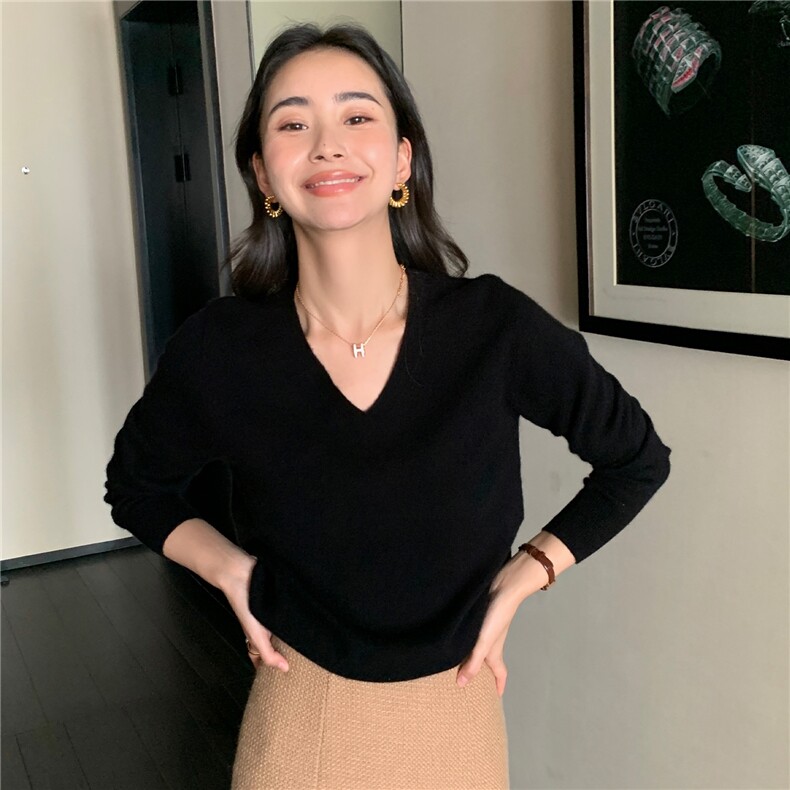 2025秋冬百搭时尚简约v领长袖羊绒衫,女装羊绒衫,玛卡隆羊绒