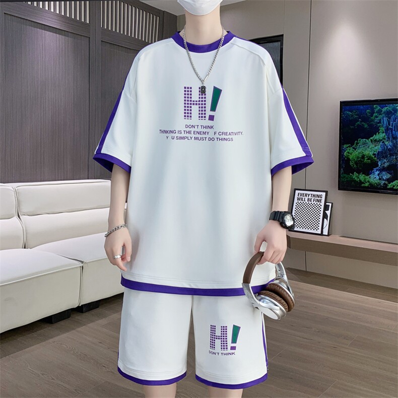 休闲运动套装夏宽松阔版青少年学生短袖短裤一套A436-D1337-P50,男装休闲套装,电商A436